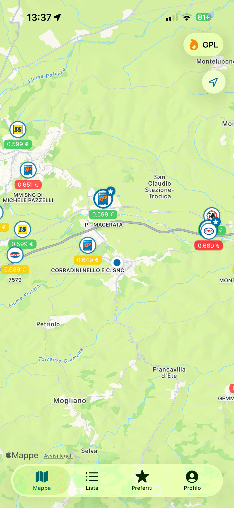 Schermata mappa dell’app iOS PitStop